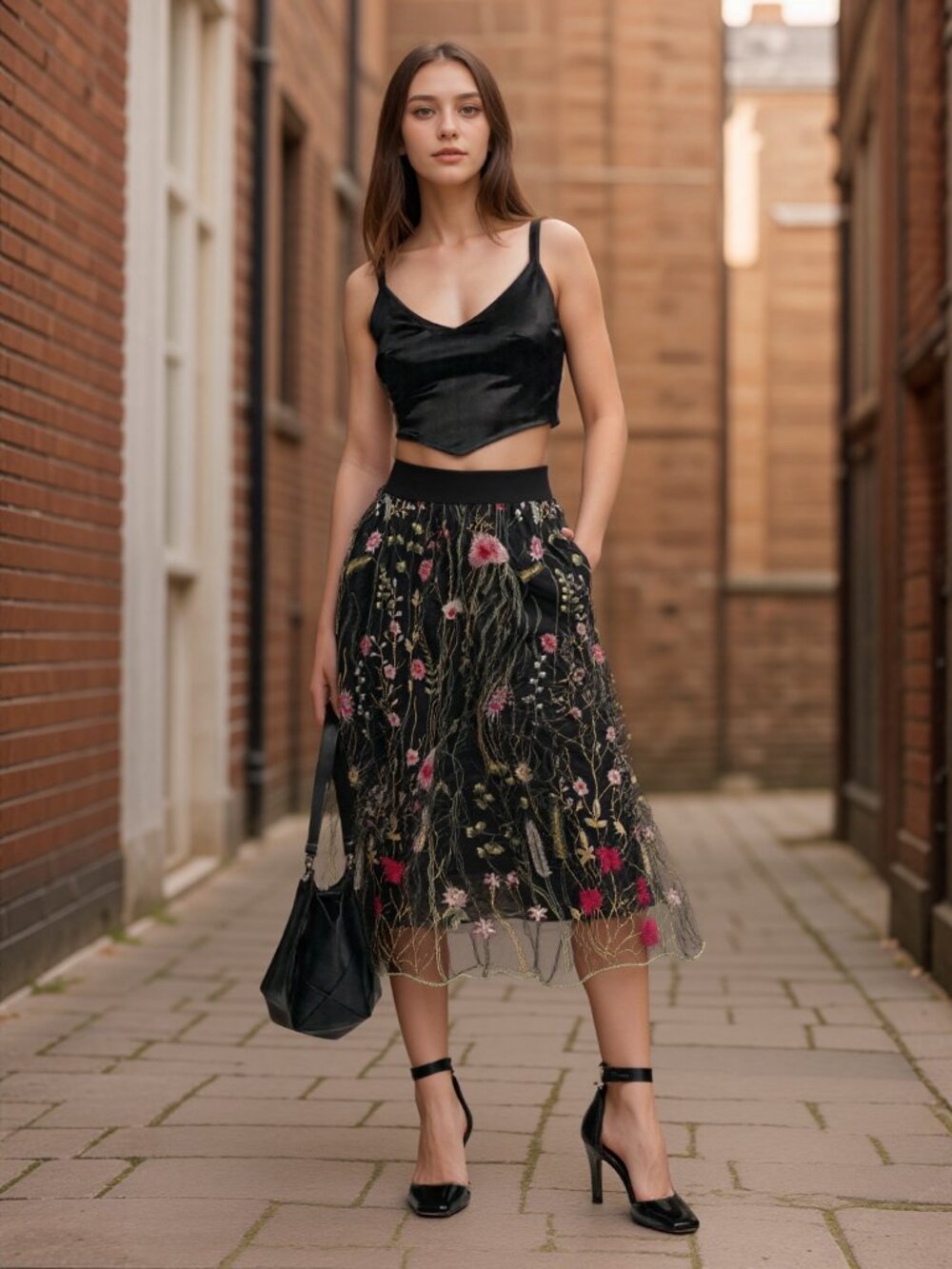 LK LUV Embroidered Floral Black Tulle Skirt - Pink & Green Blooms midi
